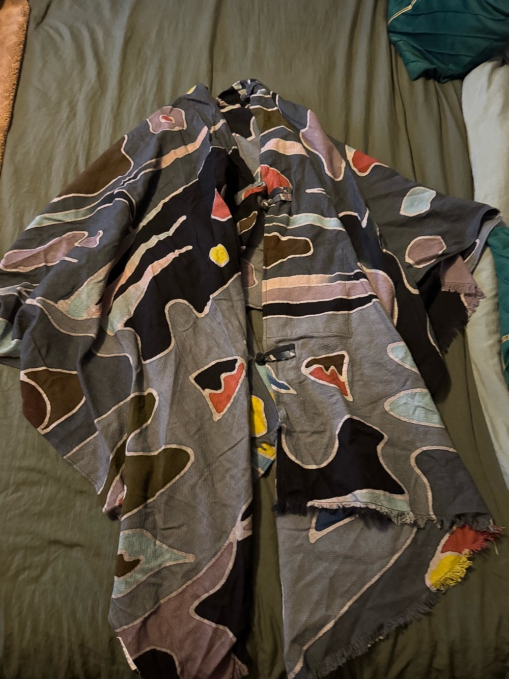 Abstract Patterned Shawl Wrap in Black, Gray, Blue, Yellow